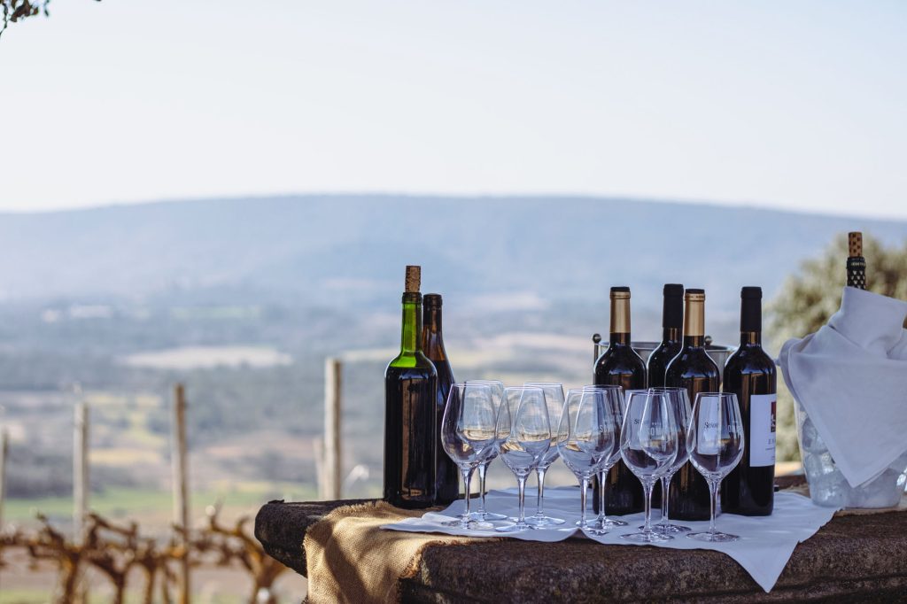 Botellas de vino Somontano en una mesa listas para ser degustadas junto a los viñedos de Secastilla